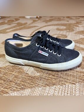 SUPERGA Black Shimmer Canvas Low-Top Sneakers with White Sole, size 9 euro 40